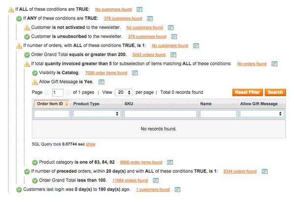Sample of Magento email marketing filters